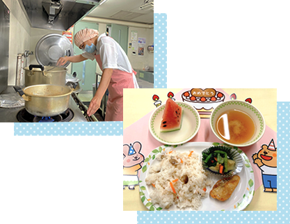自園で調理したできたての給食を、毎日、提供しています。の写真